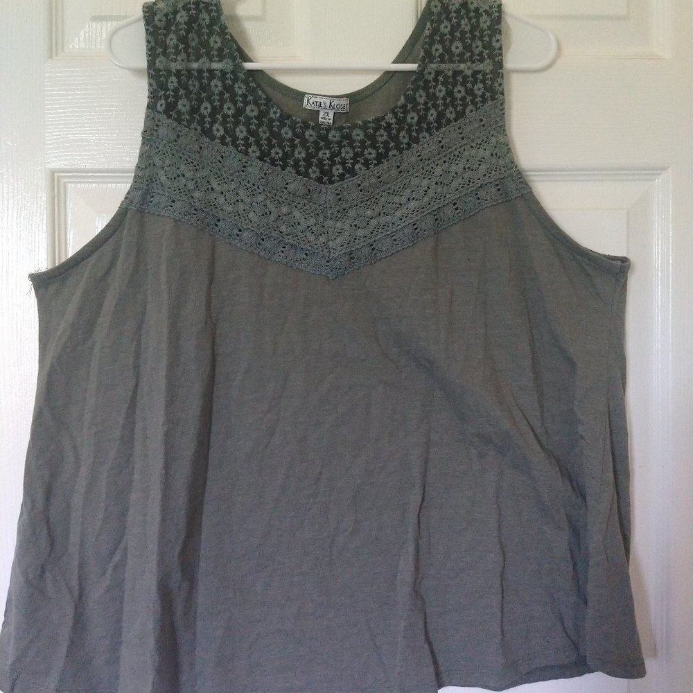 Katie's Kloset Olive Green Tank Top w/ See-Through Panel, size 2x
